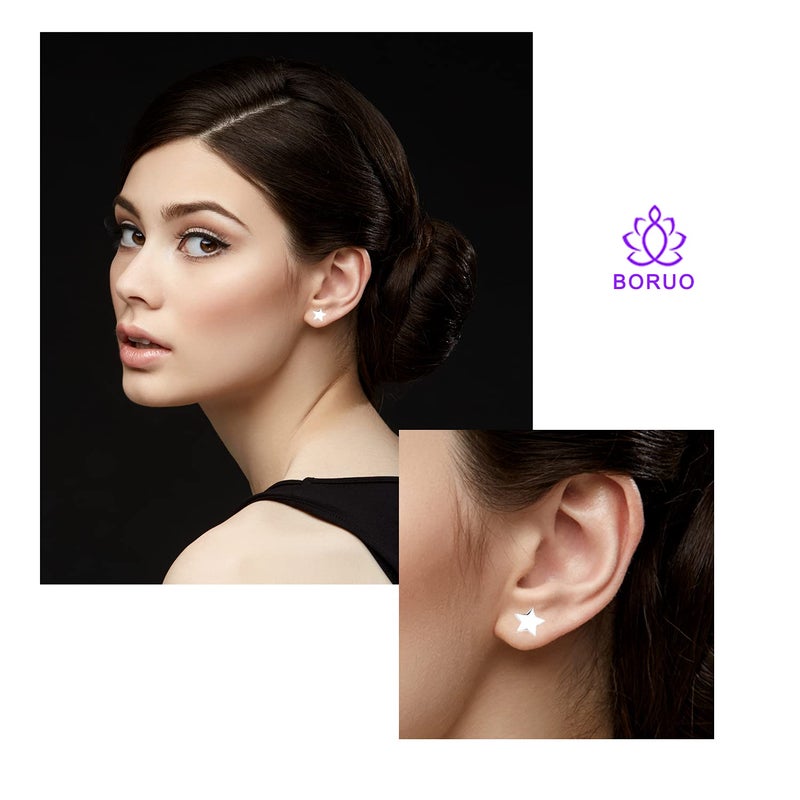 BORUO 925 Sterling Silver Stud Earrings, BoRuo Star & Crescent Moon Post Earrings - Image 3